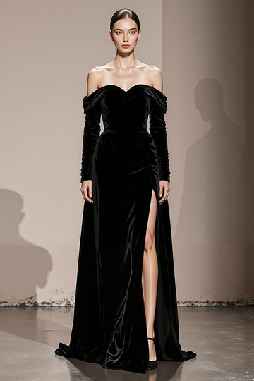 Black Velvet Off the Shoulder Long Formal Dress with Slit